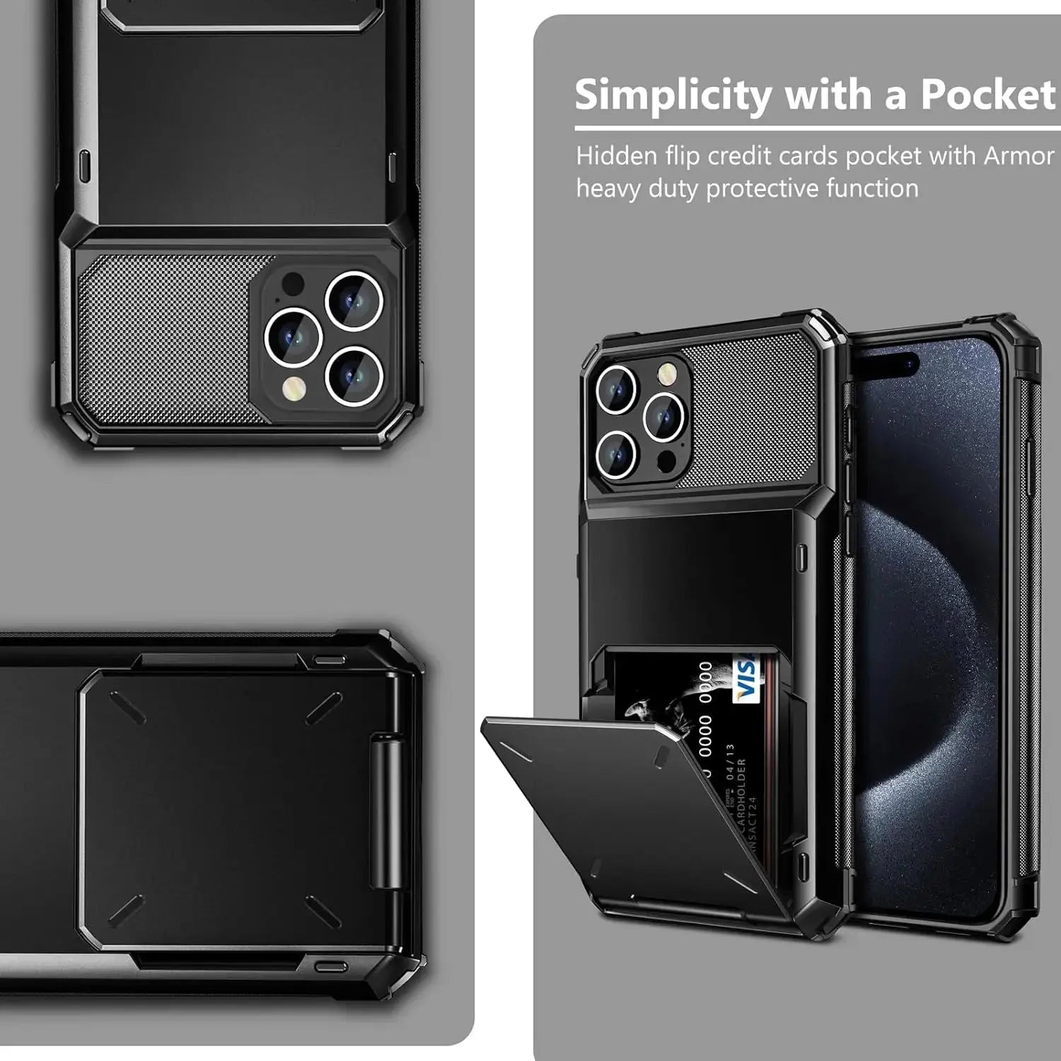 Card Holder Case For iPhone 16 Pro Max 16 15 Pro Max 14 13 12 11 Heavy Duty Wallet Hidden Flip Slot Protective Hard Back Covers Pinnacle Luxuries