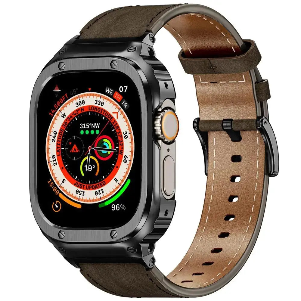 LuxeSteel Case and Premium Leather Band for Apple Watch Pinnacle Luxuries