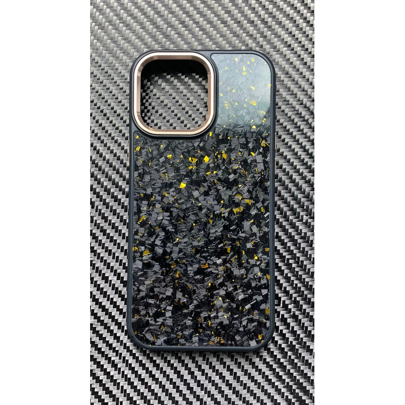 Forged Carbon Fiber MagSafe Case for iPhone 16–11 – Gold Flake | Real Metal Buttons & Camera Bumper by CarbonVerse