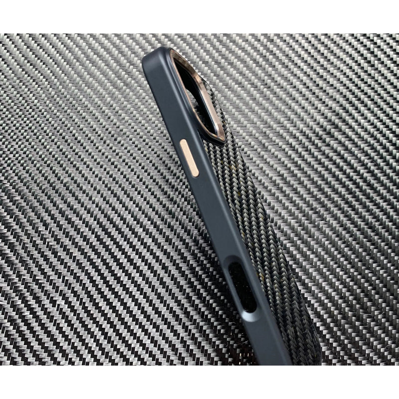 Forged Carbon Fiber MagSafe Case for iPhone 16–11 – Gold Flake | Real Metal Buttons & Camera Bumper by CarbonVerse