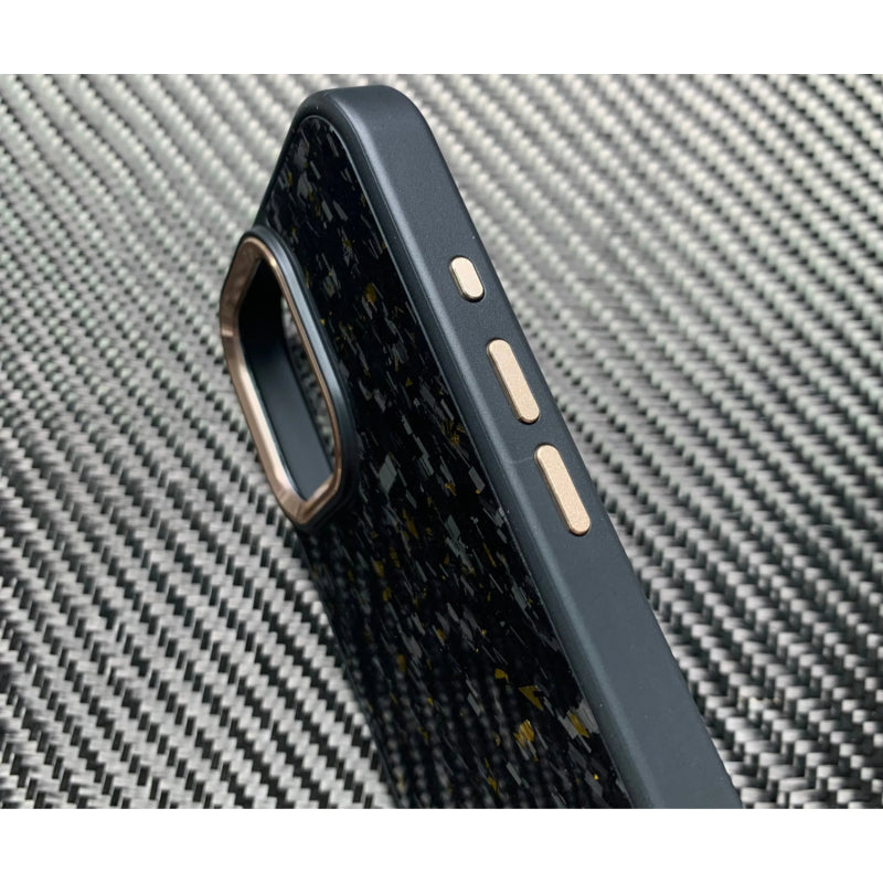 Forged Carbon Fiber MagSafe Case for iPhone 16–11 – Gold Flake | Real Metal Buttons & Camera Bumper by CarbonVerse